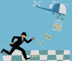 Homme qui court après de l'argent tombant de l'hélicoptère (monnaie hélicoptère)